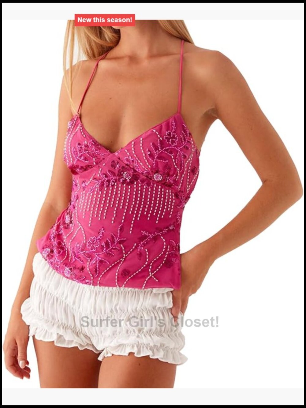 Women Sequin Beaded V Neck Cami Top Sleeveless Criss Cross Backless